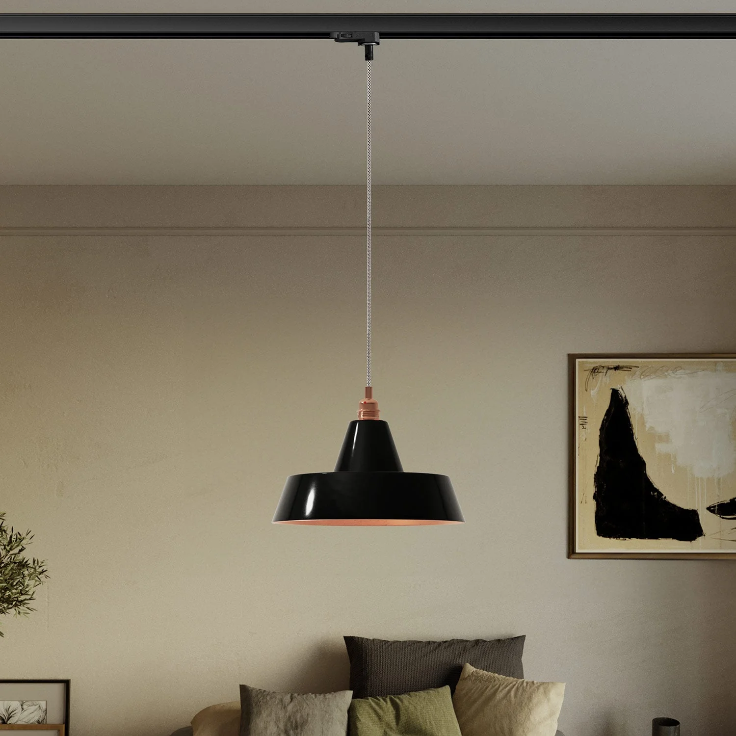Track-mounted industrial pendant lamp with ceramic lampshade - Black - Image 2