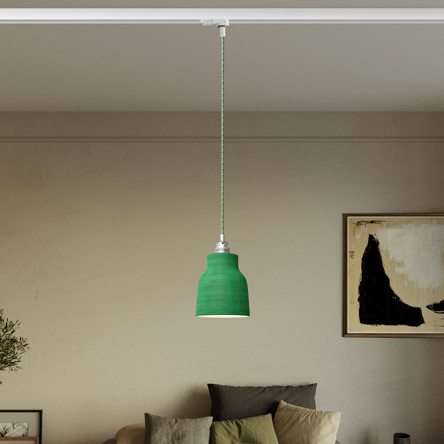 Pendant lamp with Vaso lampshade and track adapter - Striated Evergreen - Image 2