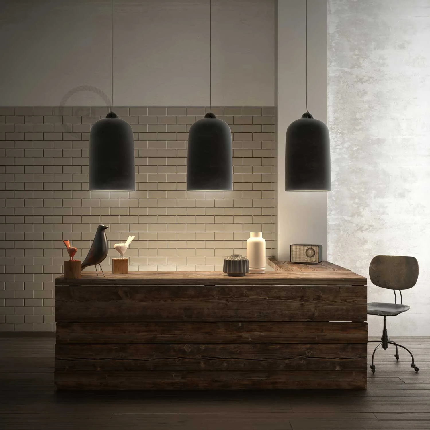 Pendant lamp with fabric cable and XL Bell ceramic lampshade - Blackboard - Image 3