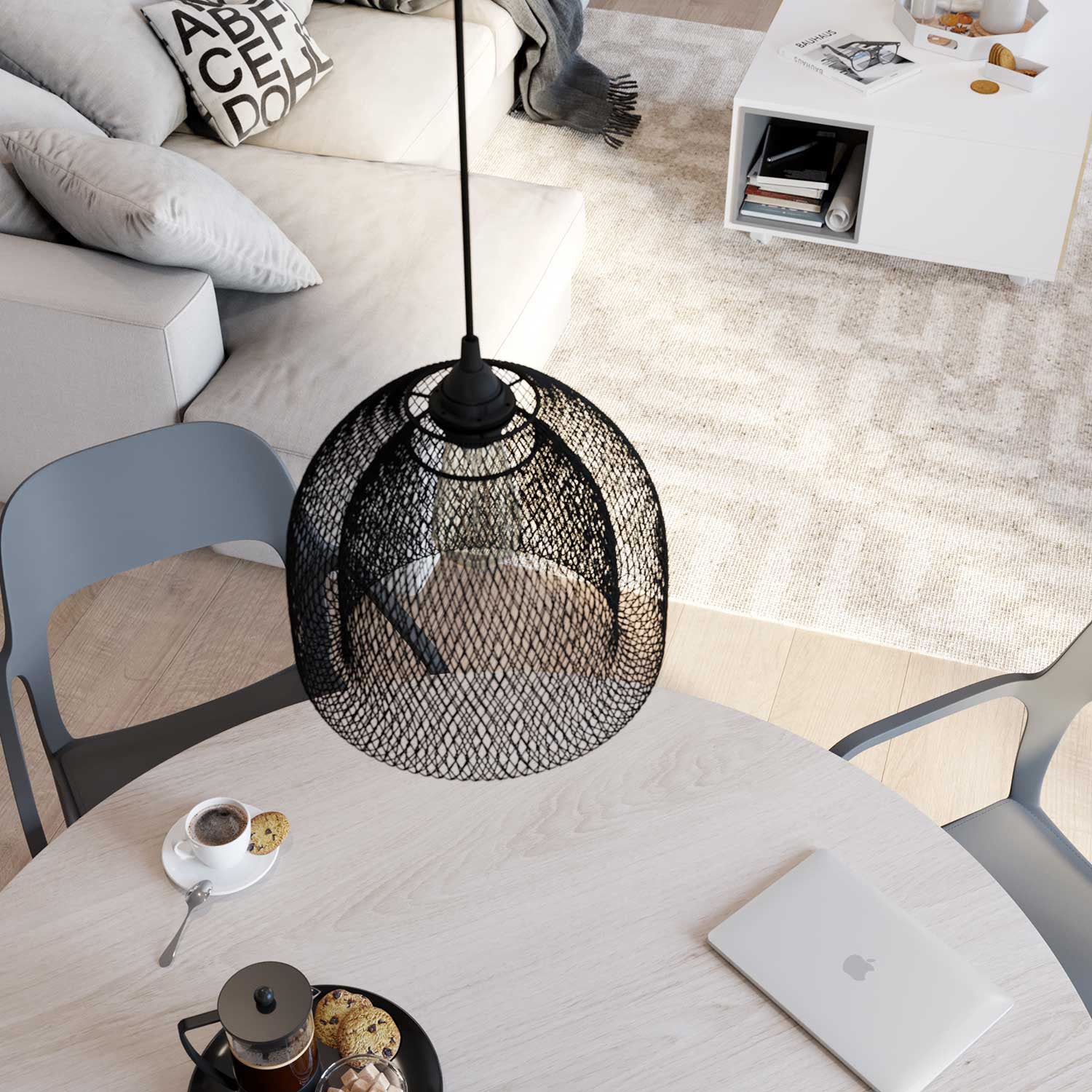 Pendant lamp with textile cable, Ghostbell XL cage lampshade and metal details - Black - Image 2