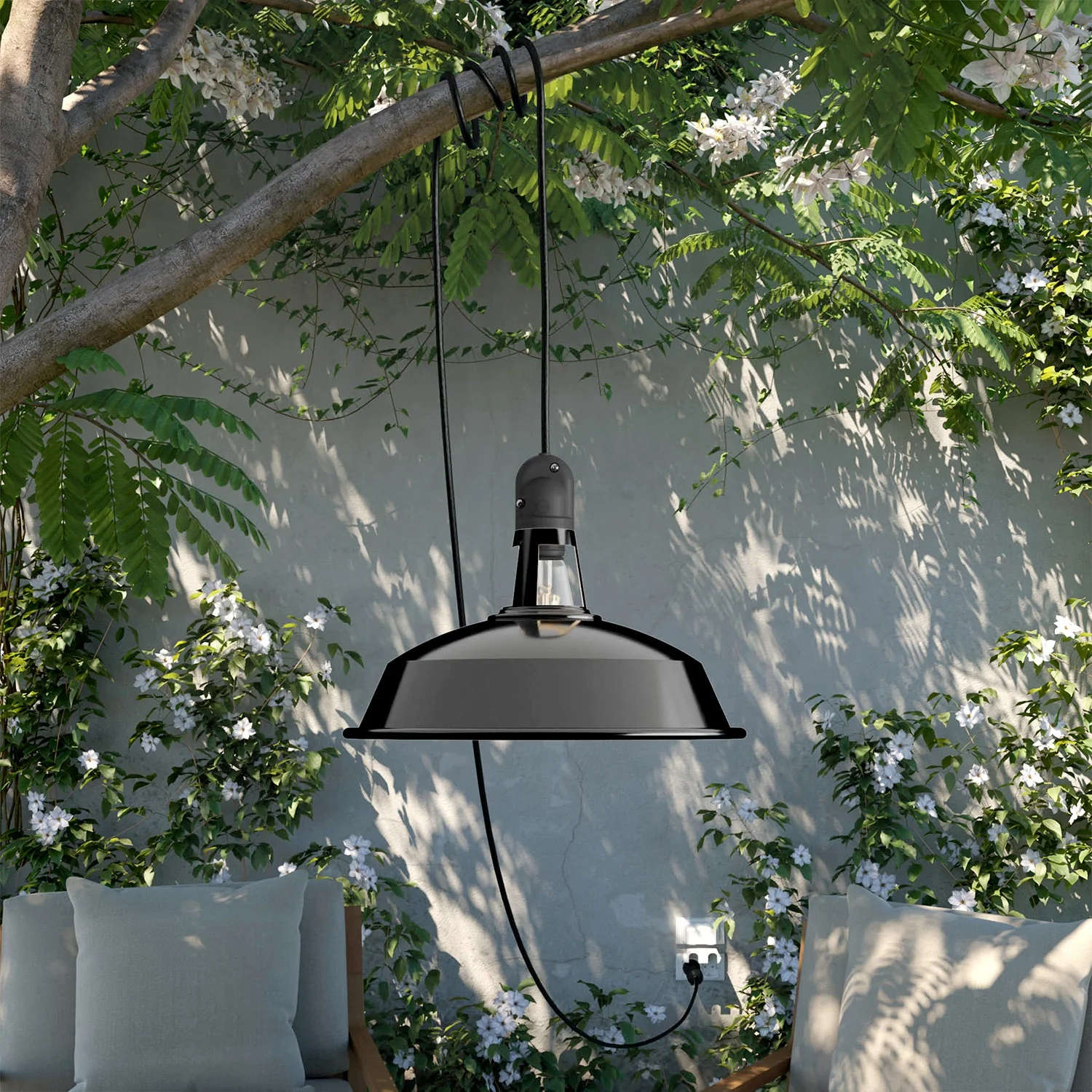 Portable outdoor lamp Snake with Harbour lampshade, 5 m fabric cable, IP65 waterproof lamp holder - Black - Image 2