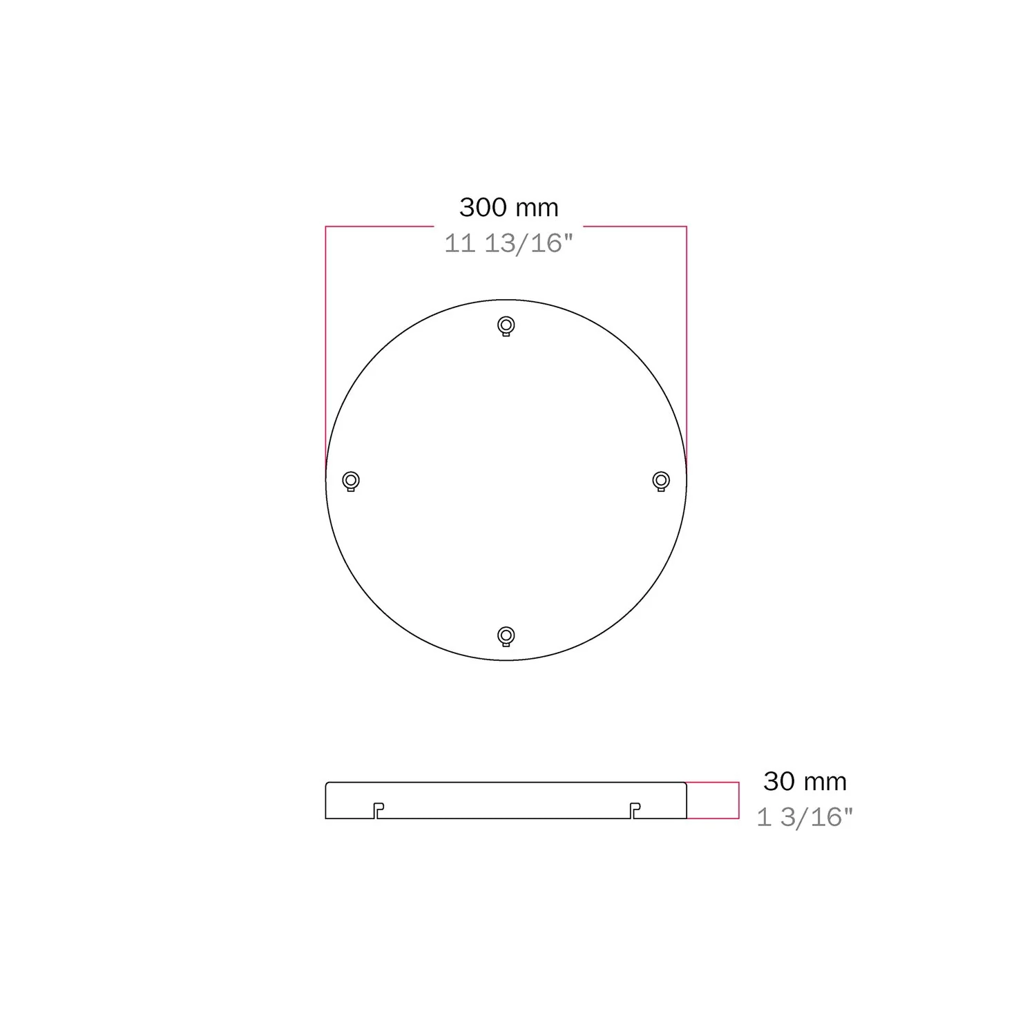 Round aluminum ceiling canopy Ø 30 cm with bracket and grounding cord, with 4 front holes - Black - Image 5