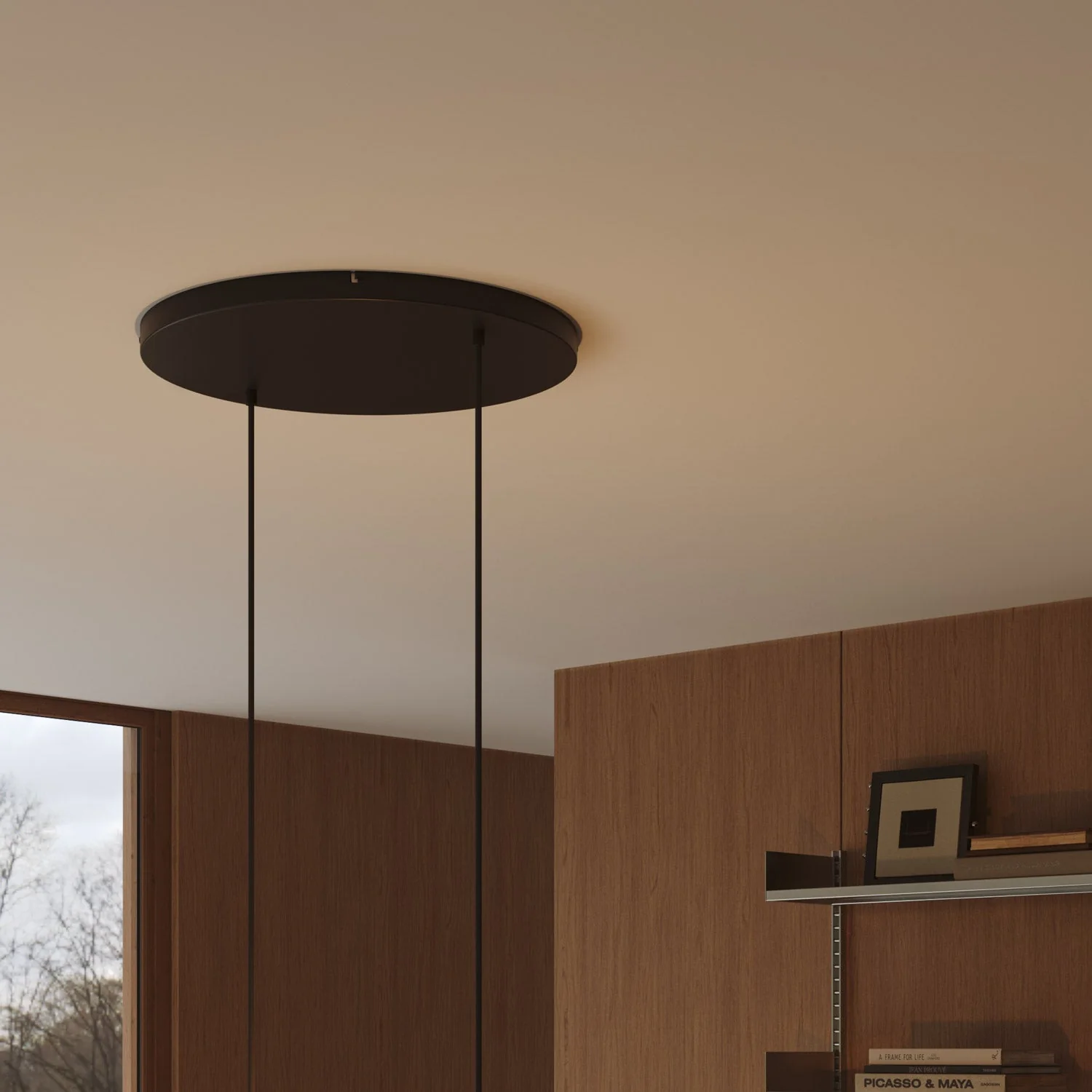 Round aluminum ceiling canopy Ø 50 cm with bracket and grounding cord, with 2 front holes - Black - Image 3