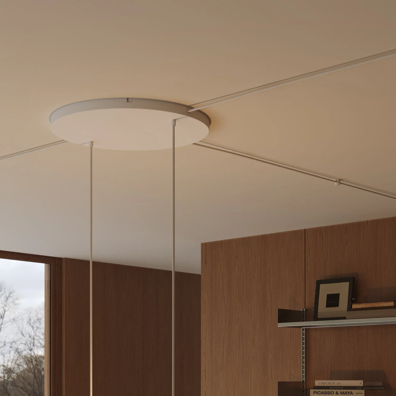 Round aluminum Ceiling canopy Ø 50 cm with bracket and grounding Cord, with 2 front holes - Matte White - Image 18