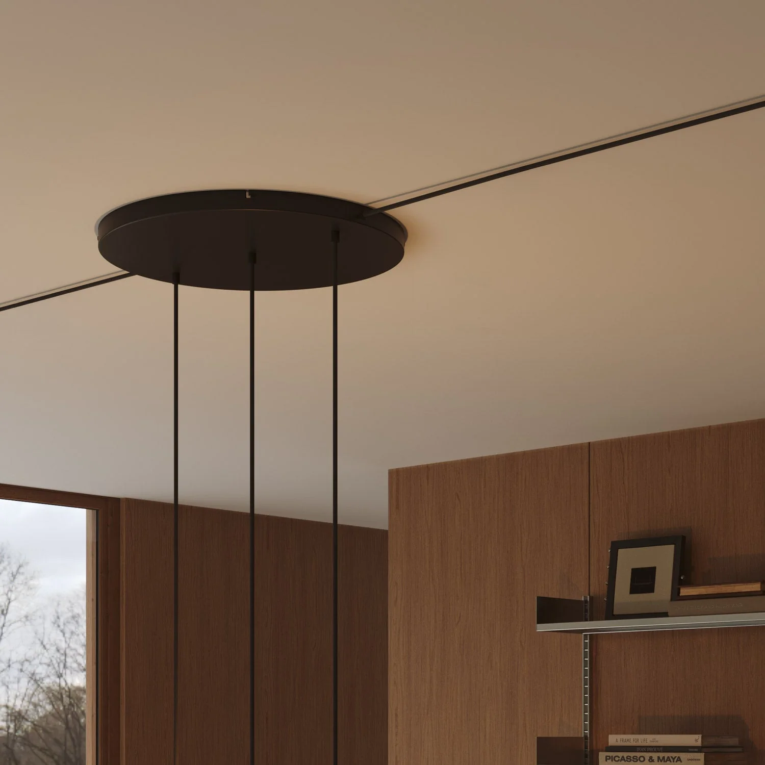 Round aluminum ceiling canopy Ø 50 cm with bracket and grounding cord, with 3 front holes in line -  Black - Image 13
