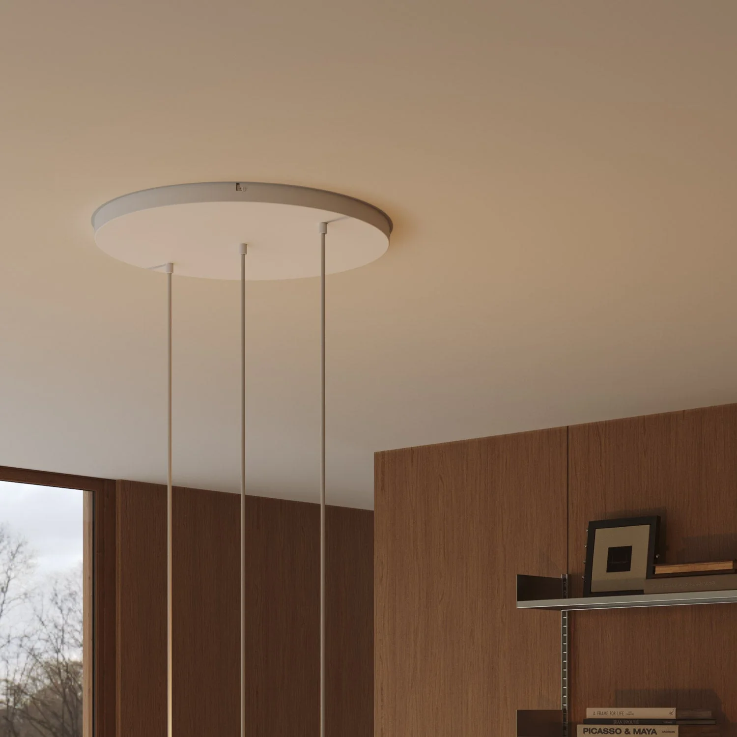 Round aluminum ceiling canopy Ø 50 cm with bracket and grounding cord, with 3 front holes in line -  Matt White - Image 3