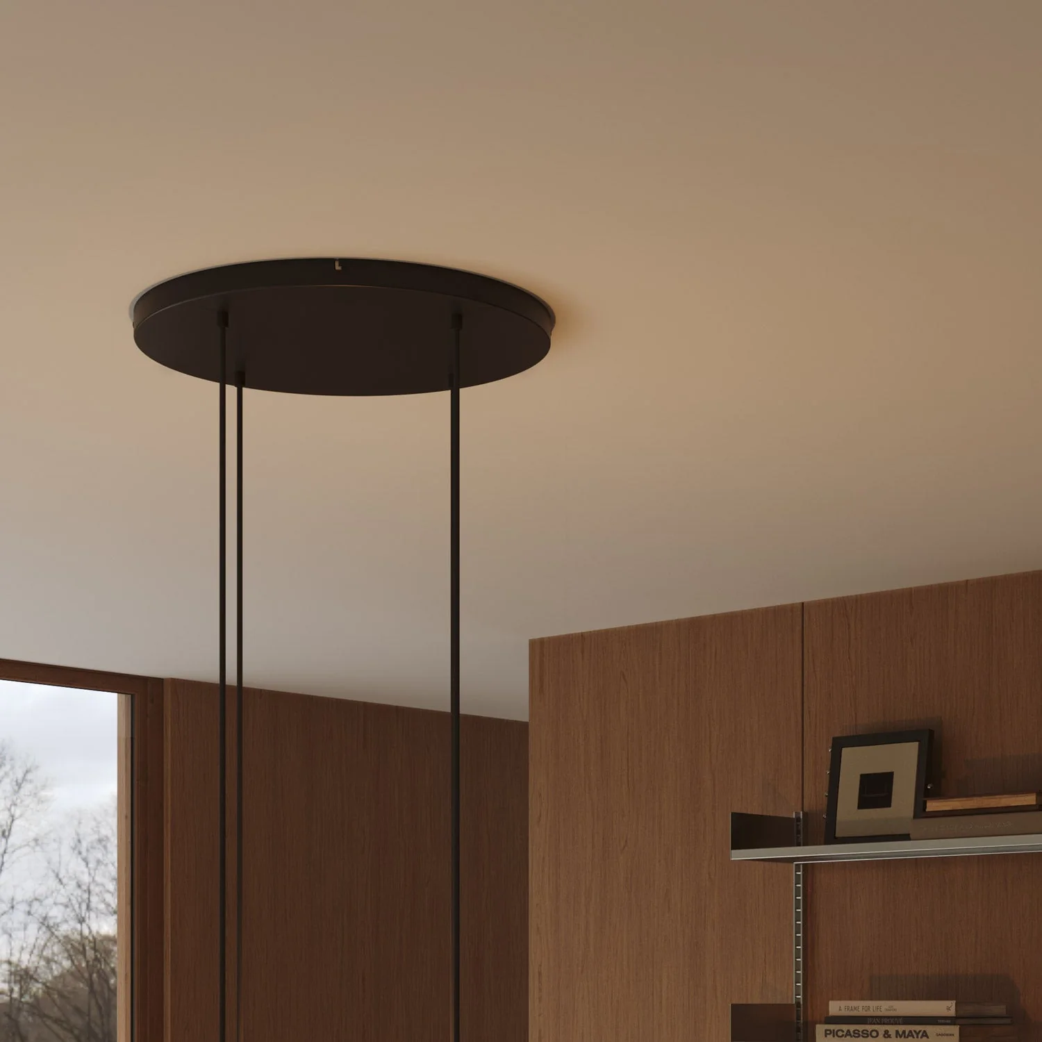 Round aluminum Ceiling canopy Ø 50 cm with bracket and grounding Cord, with 4 front holes - Black - Image 3