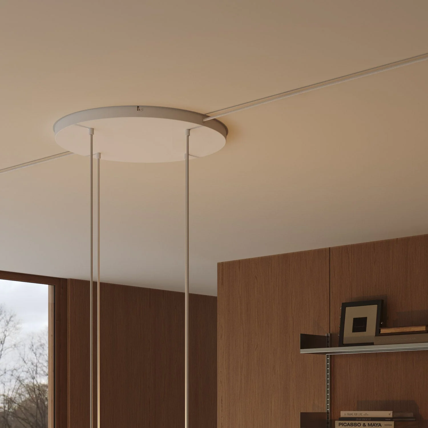 Round aluminum Ceiling canopy Ø 50 cm with bracket and grounding Cord, with 4 front holes - Matte White - Image 13