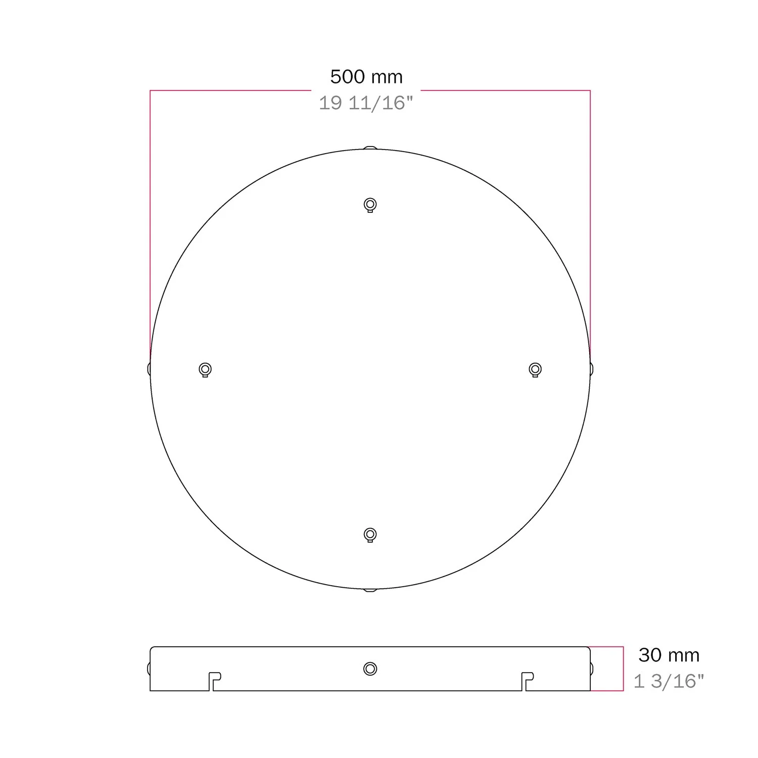 Round aluminum Ceiling canopy Ø 50 cm with bracket and grounding Cord, with 4 front holes - Matte White - Image 25