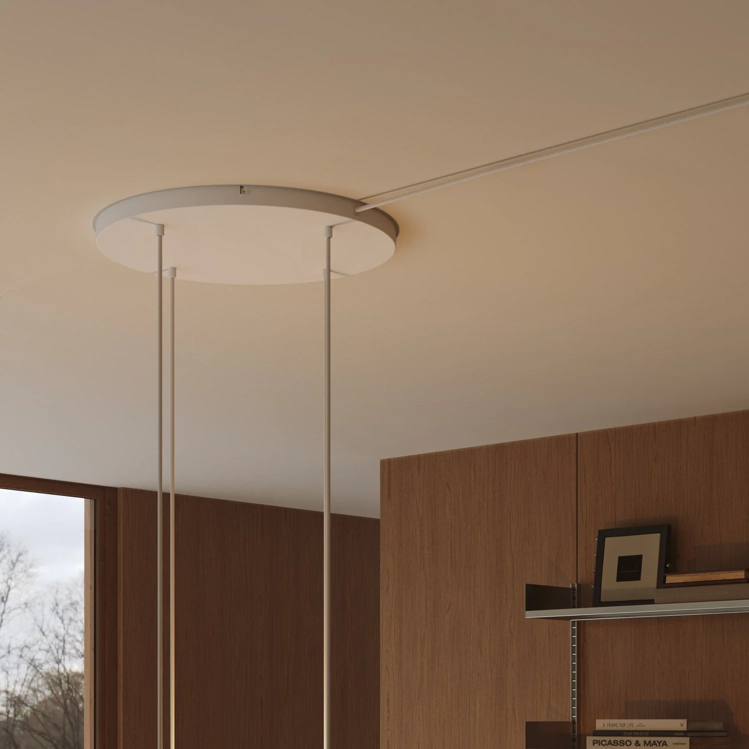 Round aluminum Ceiling canopy Ø 50 cm with bracket and grounding Cord, with 4 front holes - Matte White - Image 8