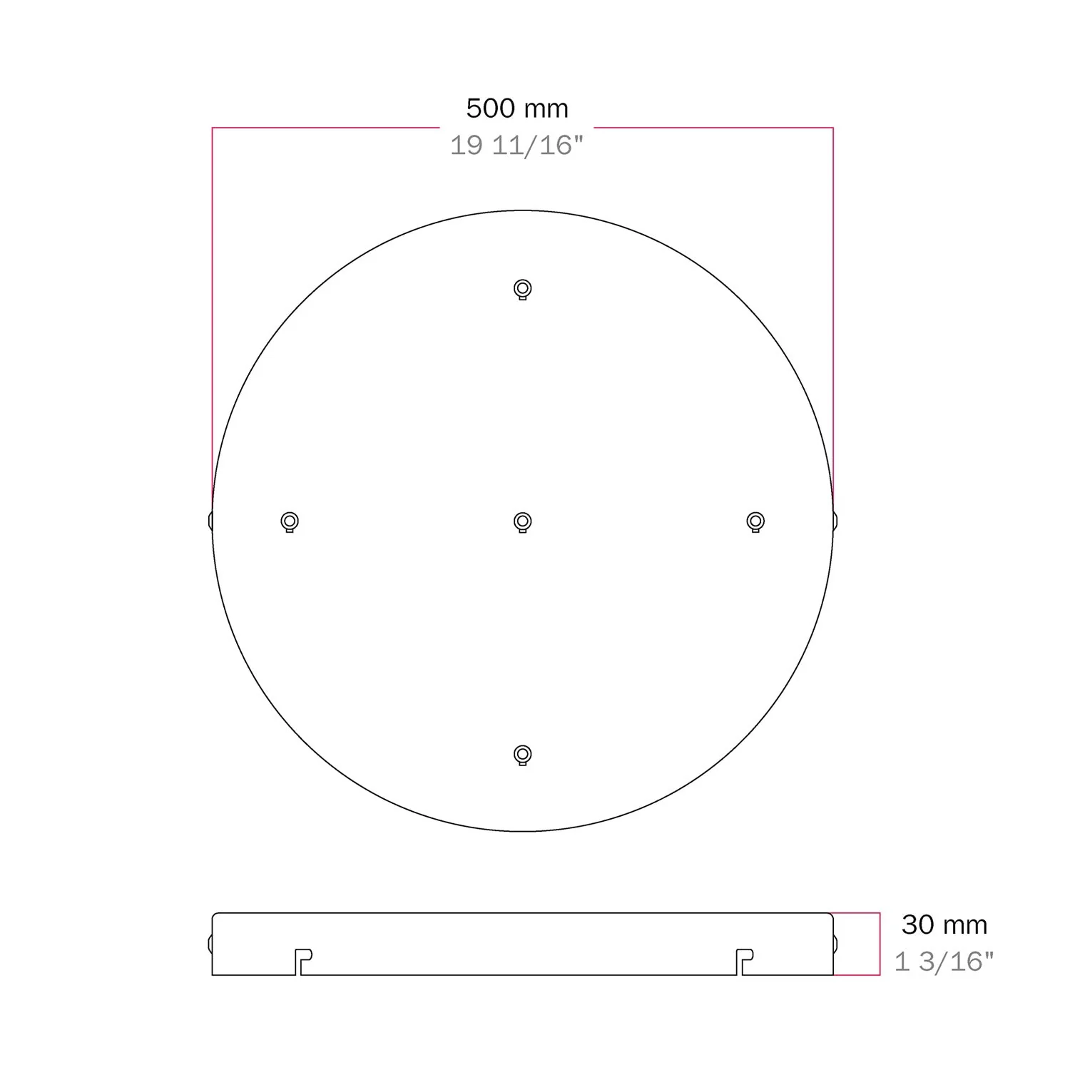 Round aluminum Ceiling canopy Ø 50 cm with bracket and grounding Cord, with 5 front holes - Black - Image 15