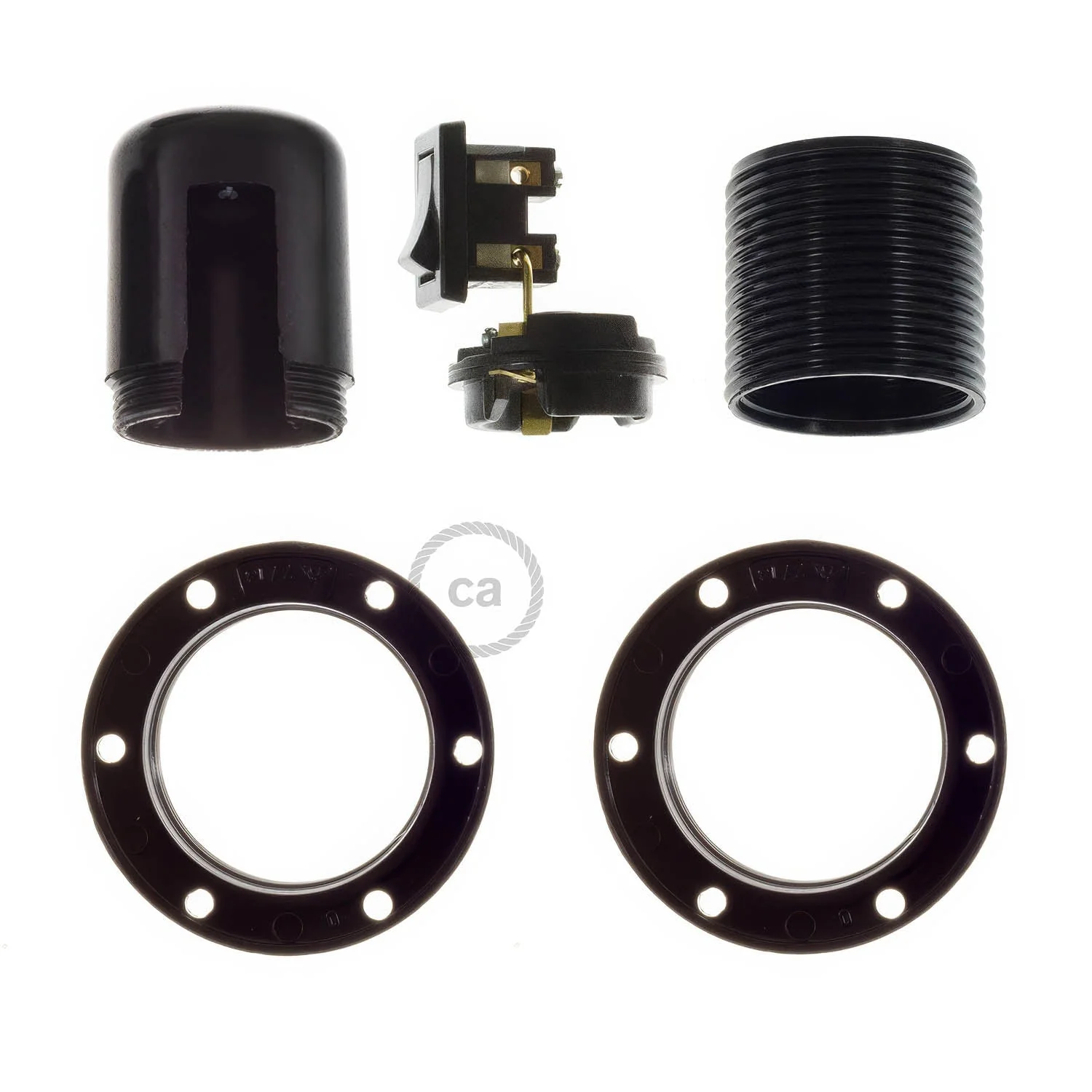 E27 bakelite lamp holder kit with double ring for lampshade and switch - Black - Image 2