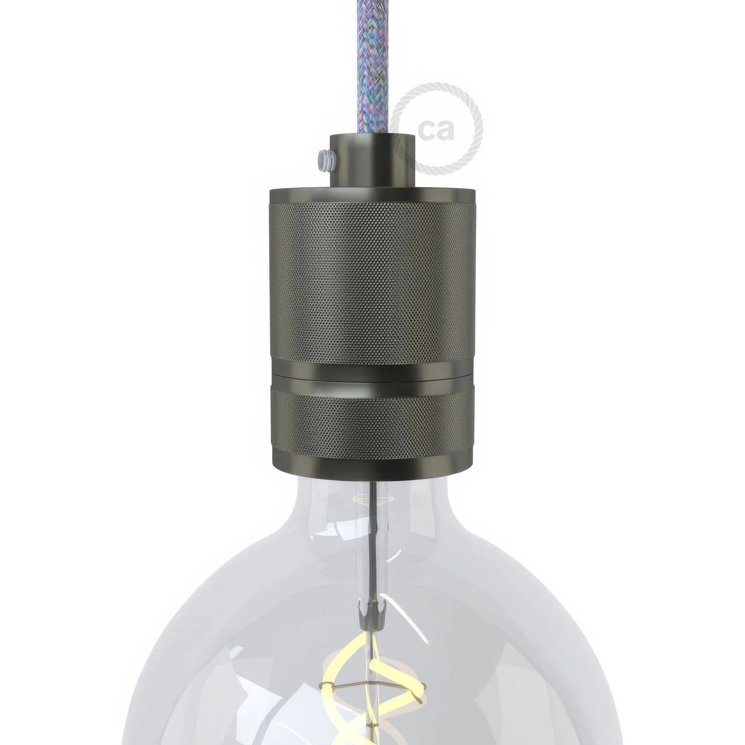 E27 lamp holder kit in knurled aluminium with double ring for lampshade - Gunmetal