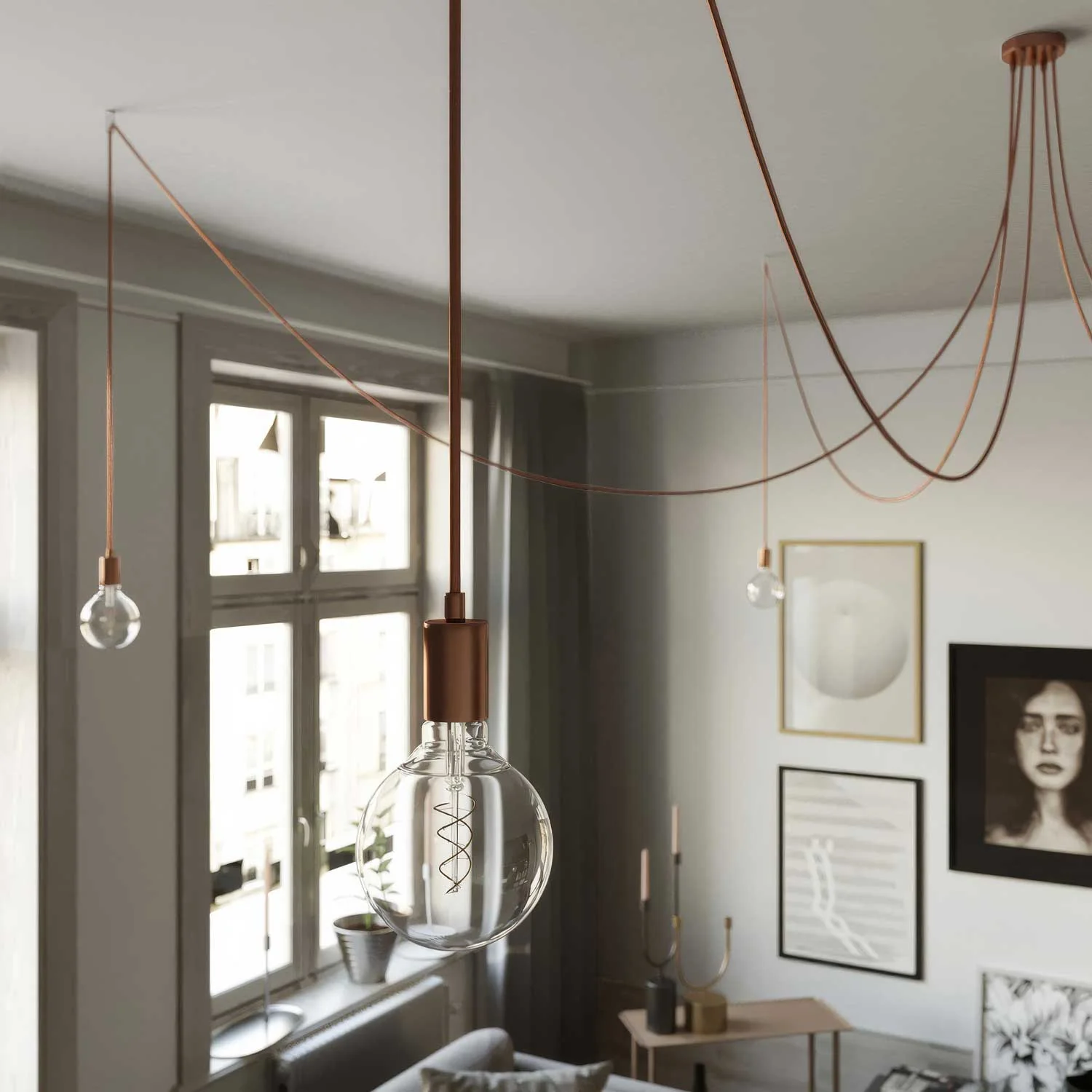 Spider - Multiple pendant lamp with 5 drops and metal finishes - Copper - Image 2