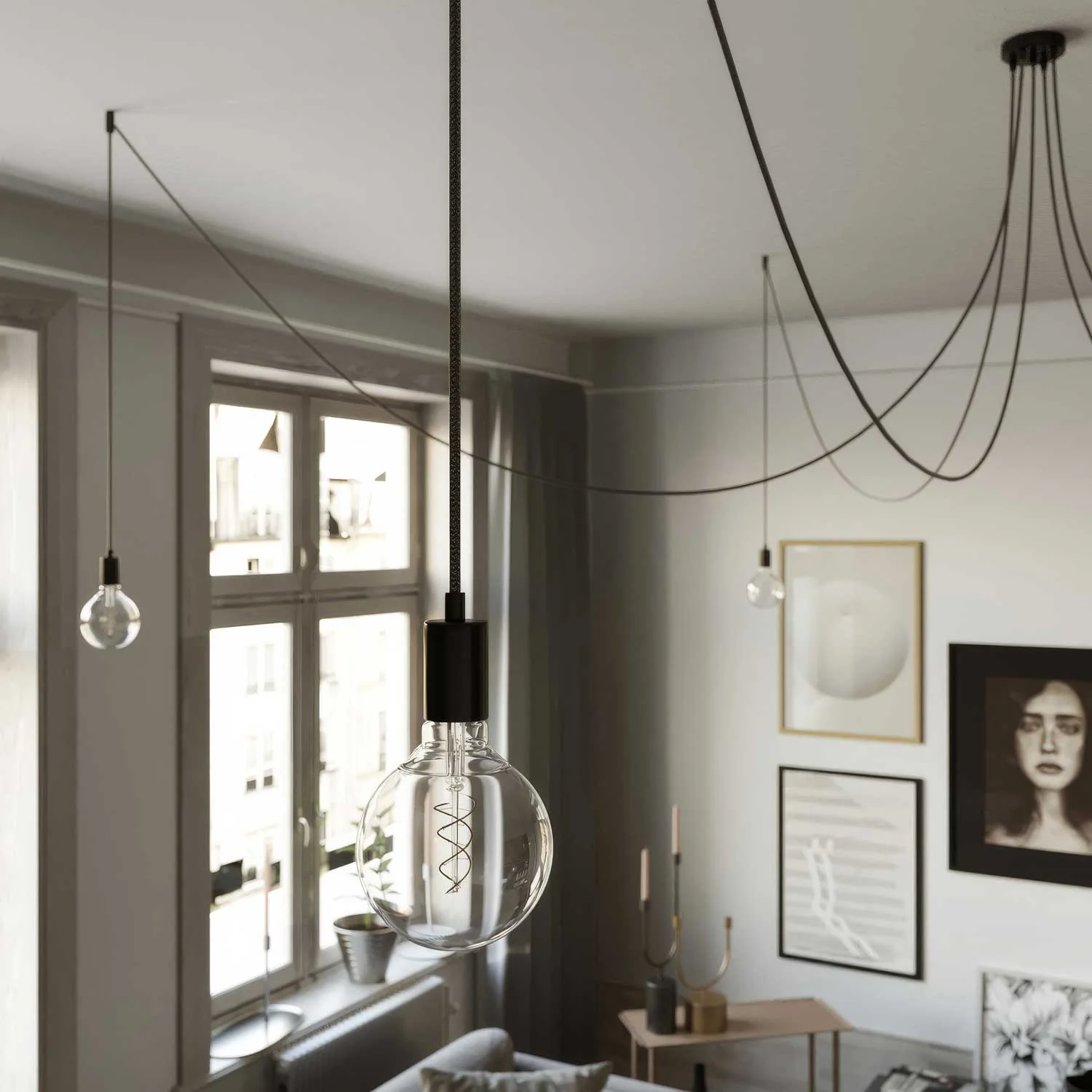 Spider - Multi-drop pendant lamp with 5 pendants and metal finishes - Black - Image 2