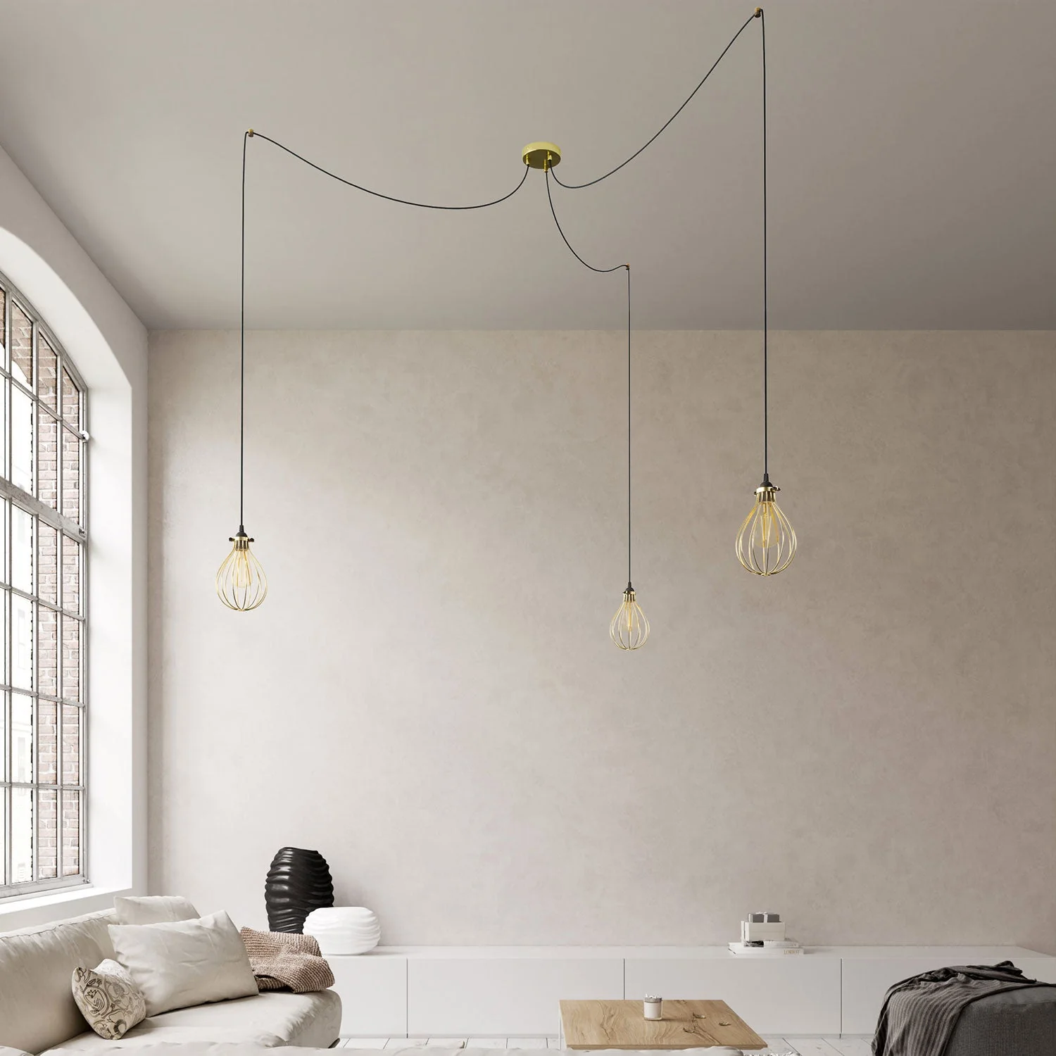 Spider - Multi-drop pendant lamp with 3 drops and Drop lampshade - Brass - Image 2
