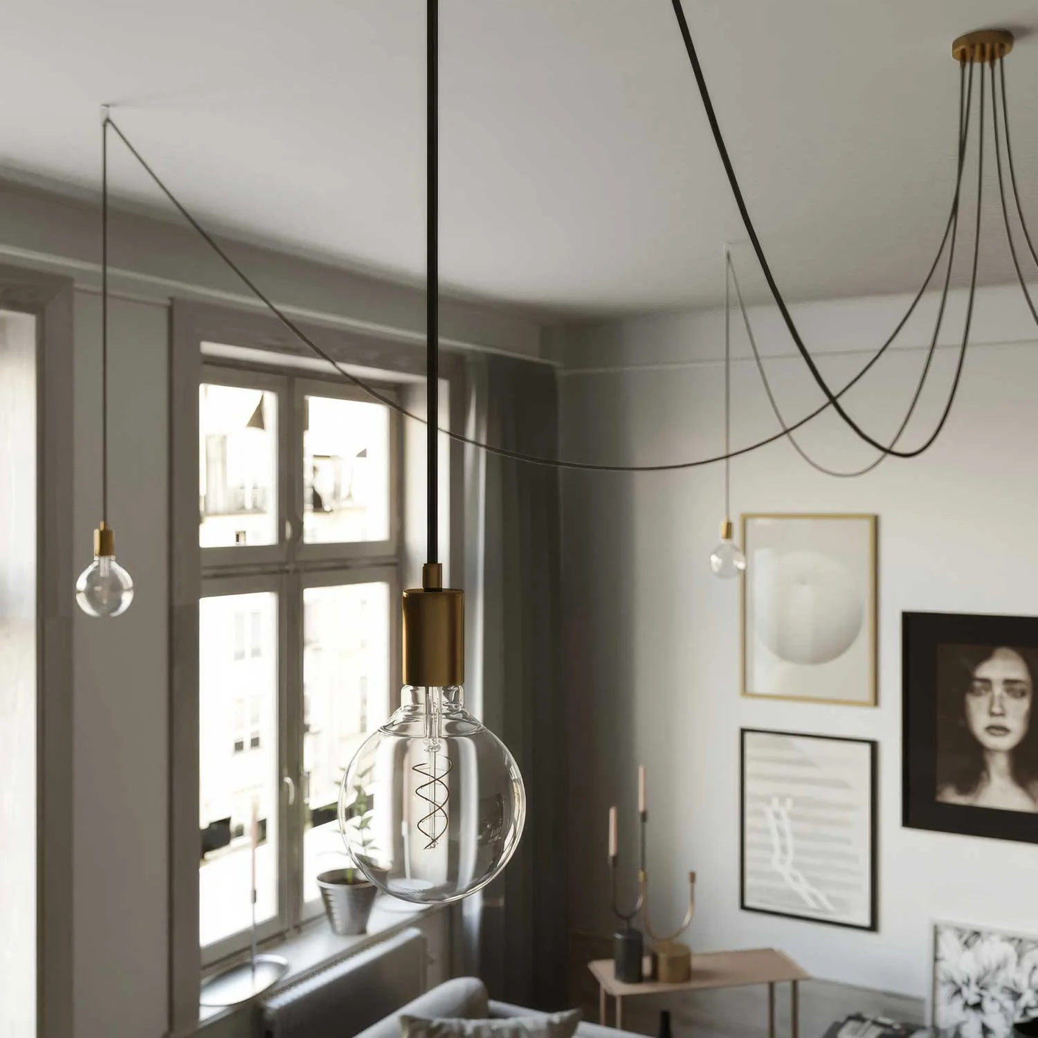 Spider - Multiple pendant lamp with 5 drops and metal finishes - Brass - Image 2