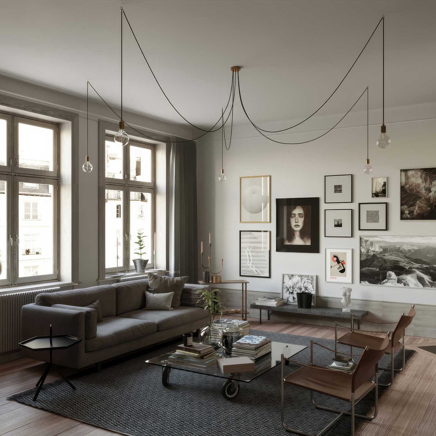 Spider - Multiple pendant lamp with 5 drops and metal finishes - Brass - Image 3