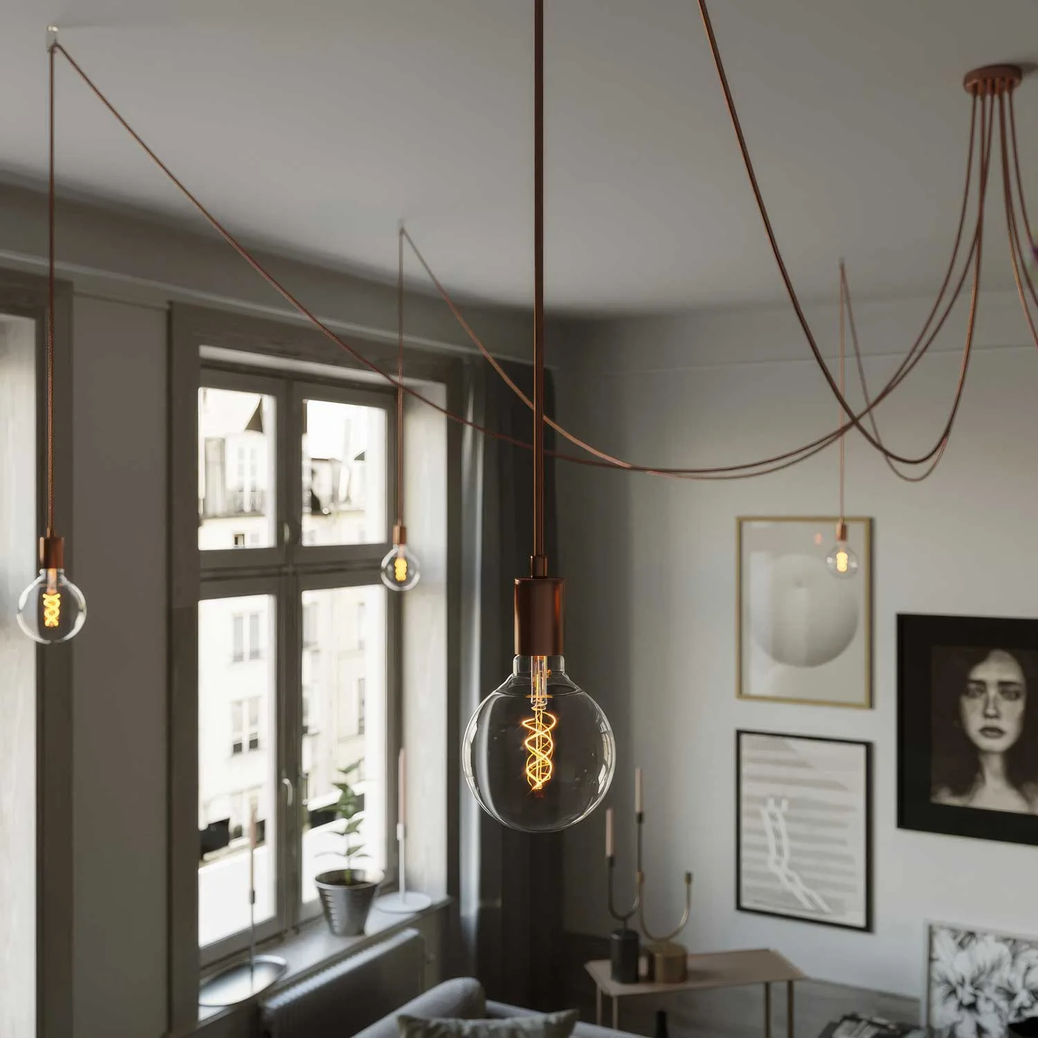 Spider - Multi-drop pendant lamp with 7 drops and metal finishes - Copper - Image 2