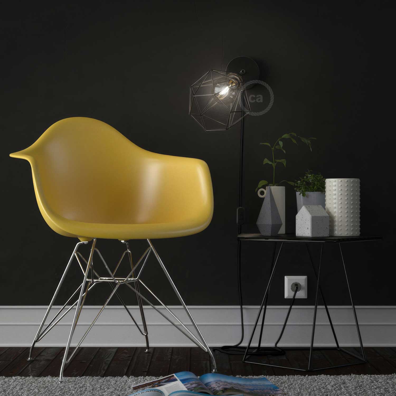 Spostaluce Metal 90° adjustable, complete with threaded E27 lamp holder, fabric cable and side holes - Black - Image 3