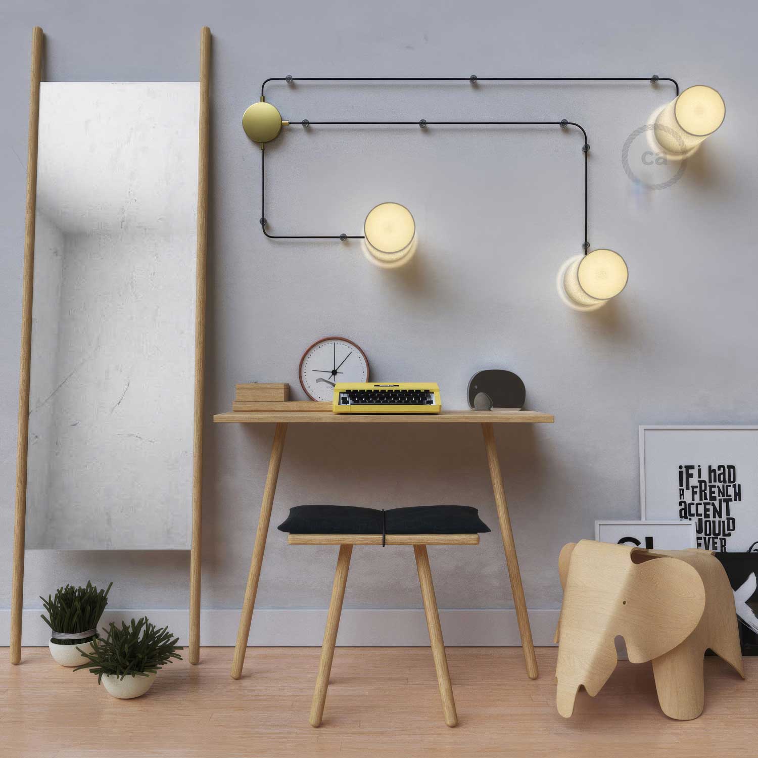 Spostaluce, the metal light point complete with threaded E27 lamp holder, fabric cable and side holes - Brass - Image 2