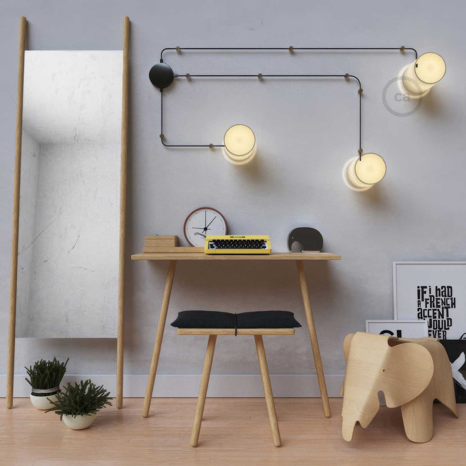 Spostaluce, the metal light point complete with threaded E27 lamp holder, textile cable and side holes - Pearl black - Image 2