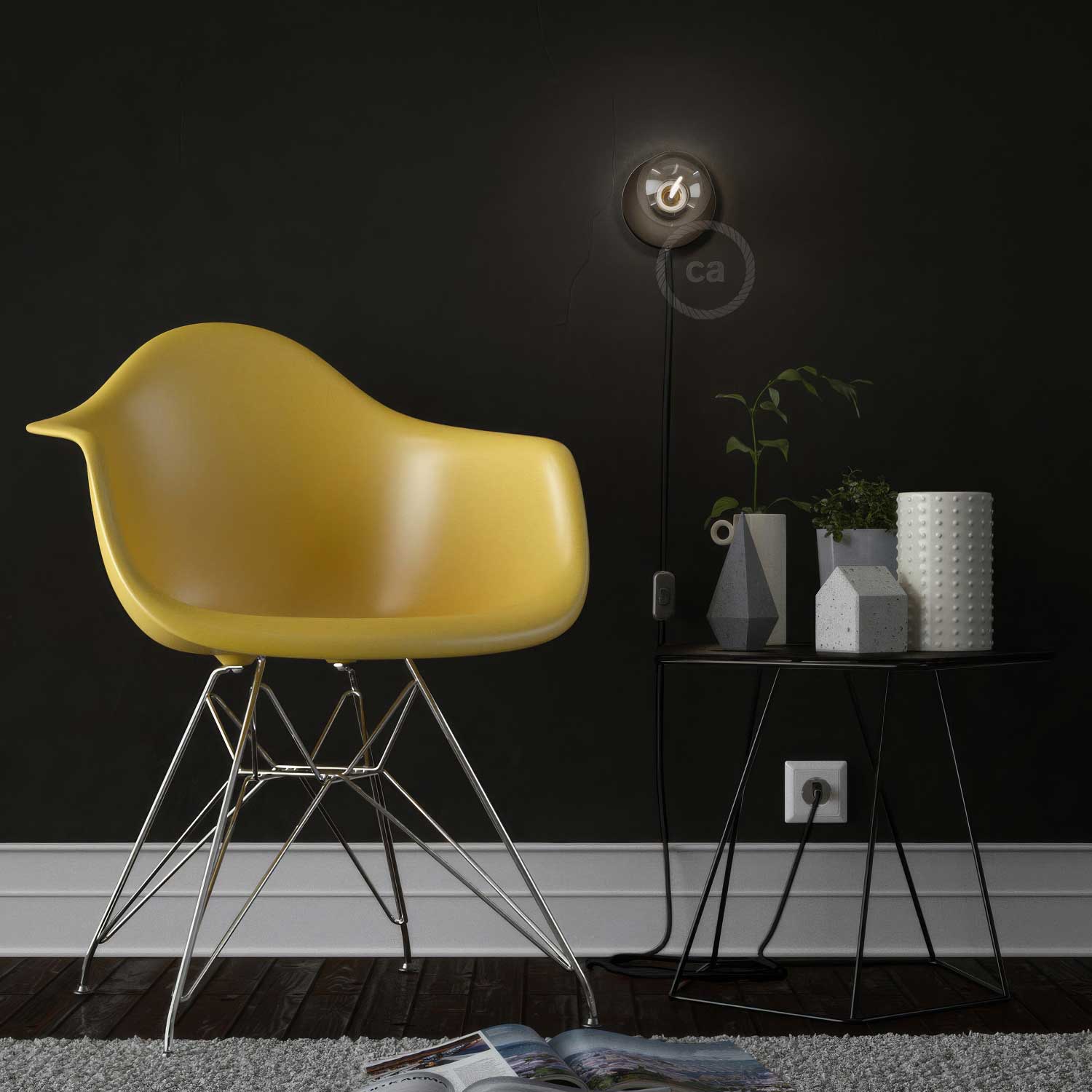 Spostaluce, the metal light point complete with fabric cable and side holes - Black - Image 3