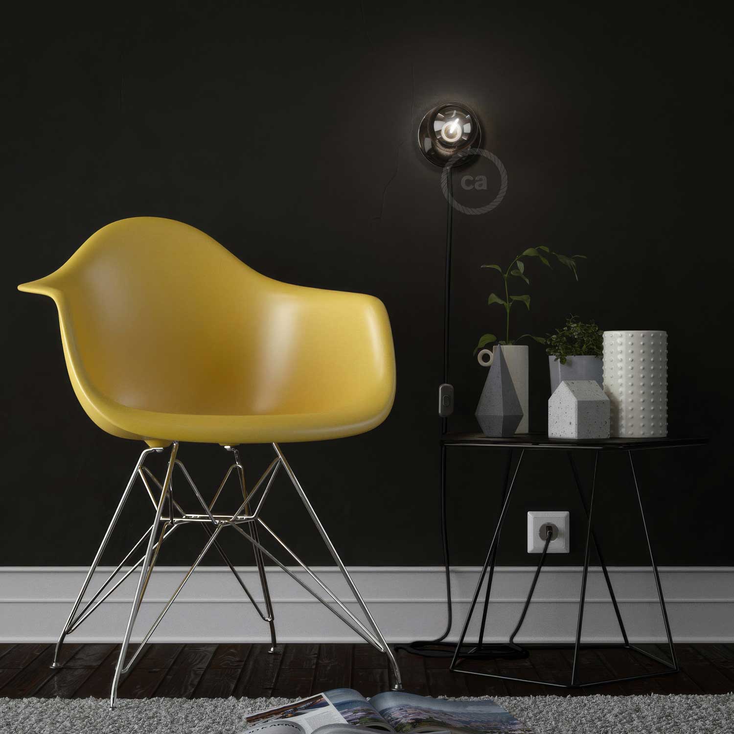 Spostaluce, the metal light point complete with fabric cable and side holes - Pearl black - Image 3