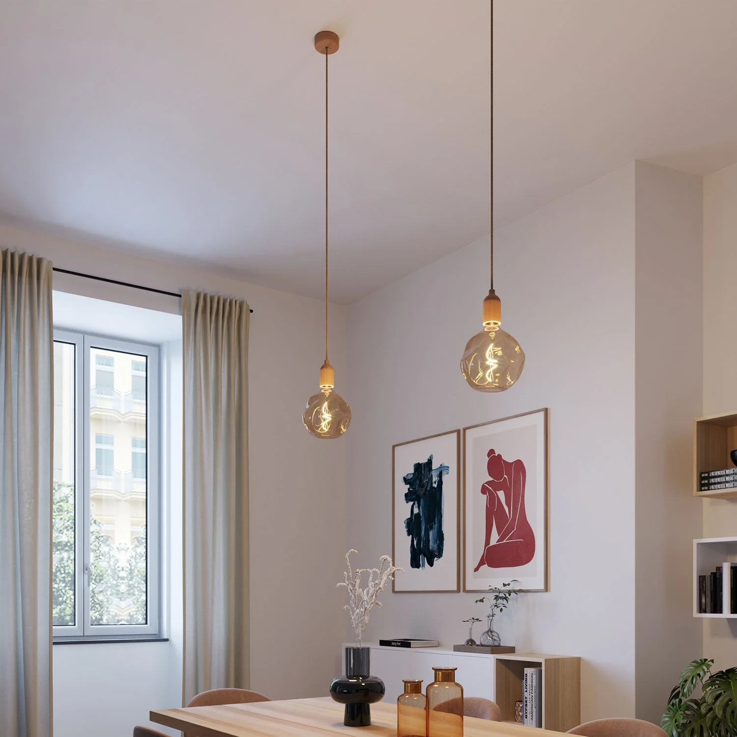 Pendant lamp complete with fabric cable and wooden finishes - Neutral - Image 2