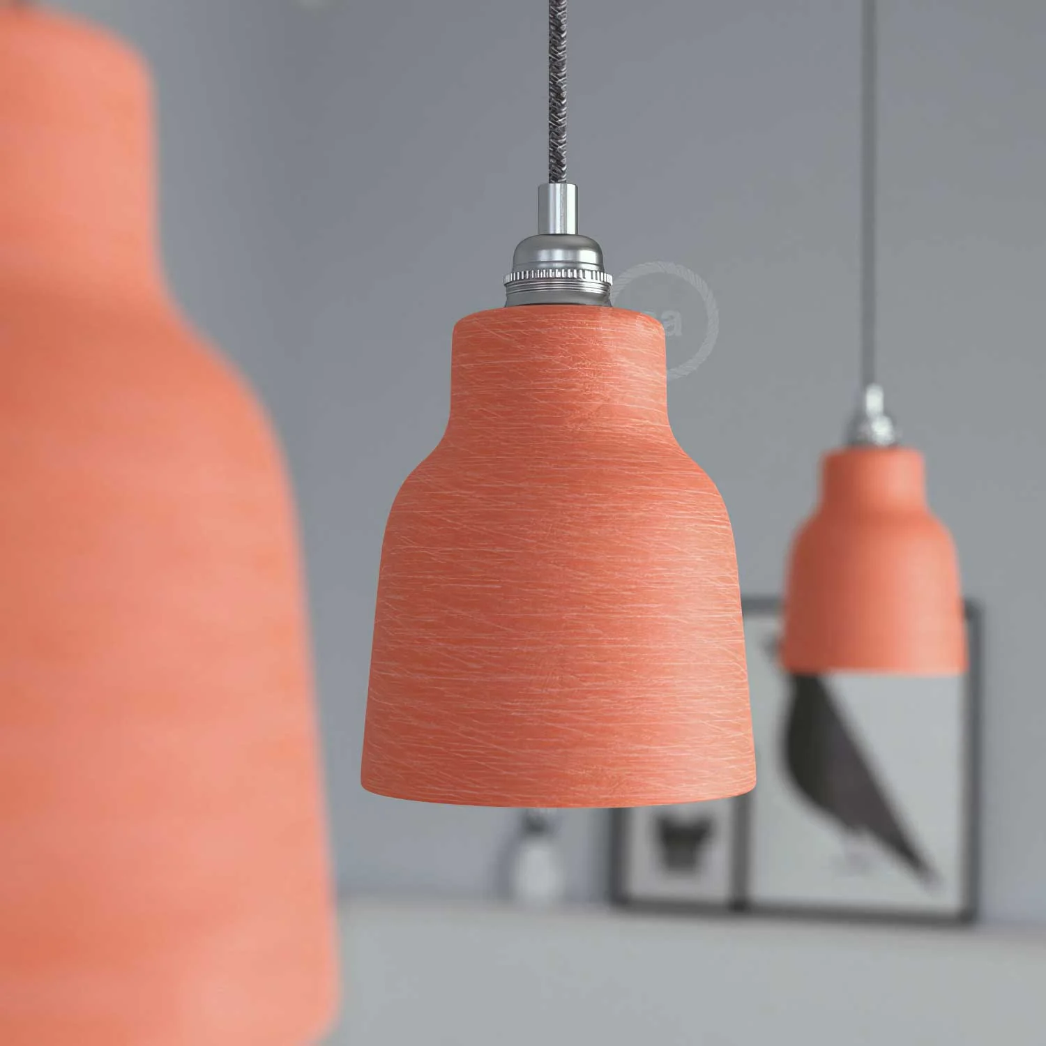 Pendant lamp complete with fabric cable, Vaso ceramic lampshade and metal finishes – Striated Coral - Image 3