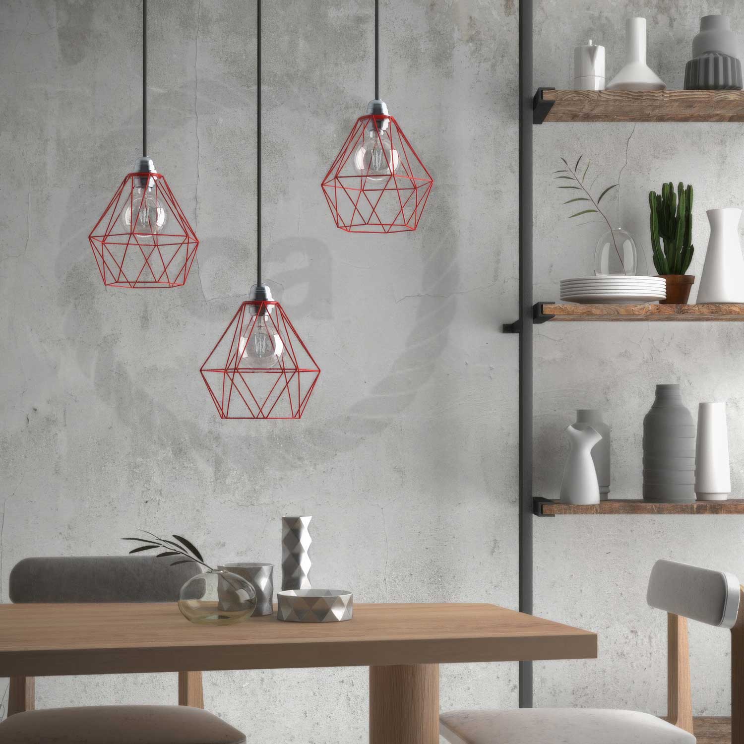 Pendant lamp complete with textile cable, Diamond cage lampshade and metal finishes - Red - Image 3