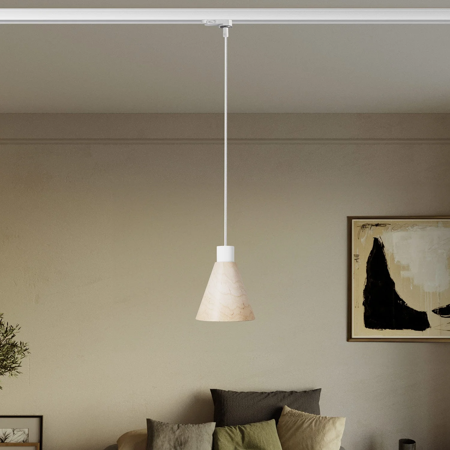 Pendant lamp for track systems with conical wooden lampshade β White - Image 2