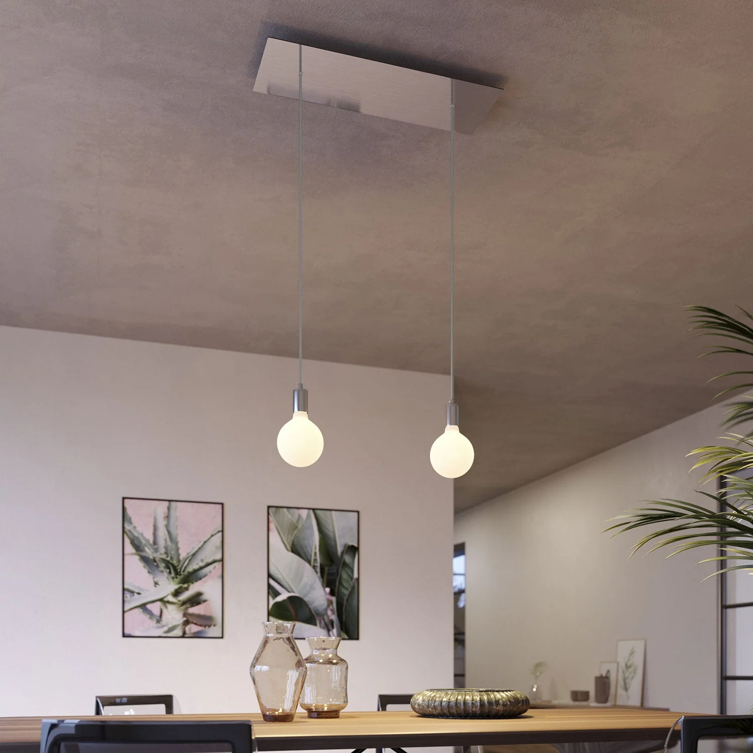 2-drop pendant lamp with XXL Rose-One rectangular ceiling rose 675 mm with metal finishes - Satin steel - Image 2