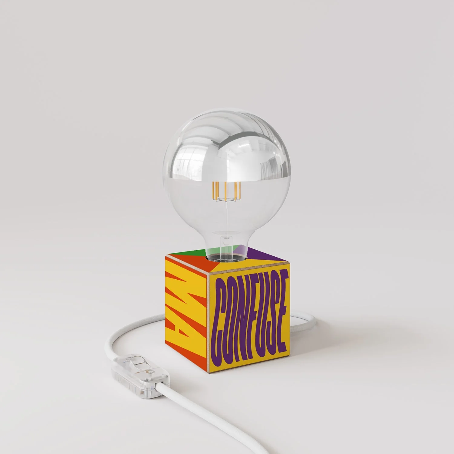 Cubetto table lamp "Few ideas but confused" with half-silvered globe Light bulb - Santomanifesto - Image 3