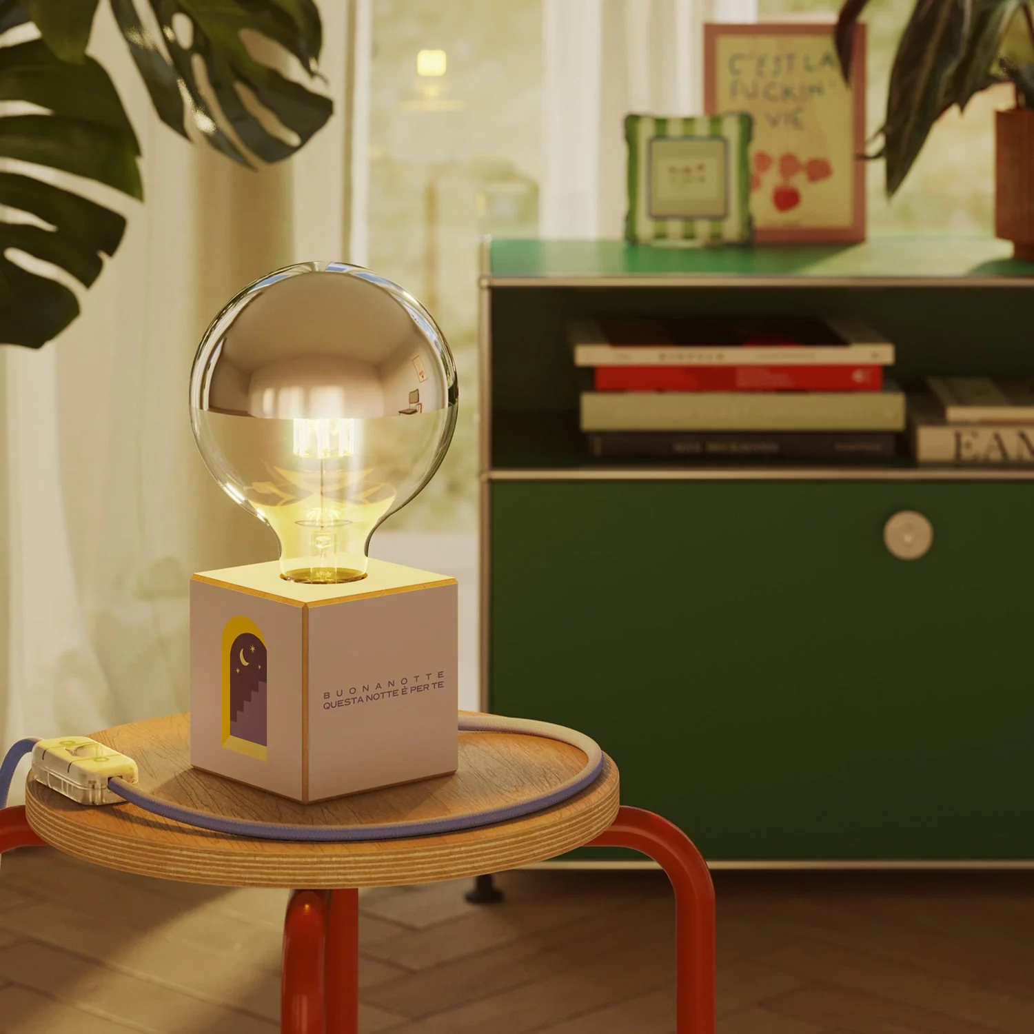 Cubetto table lamp "Buonanotte fiorellino" with half-silver globe light bulb - Santomanifesto - Image 2