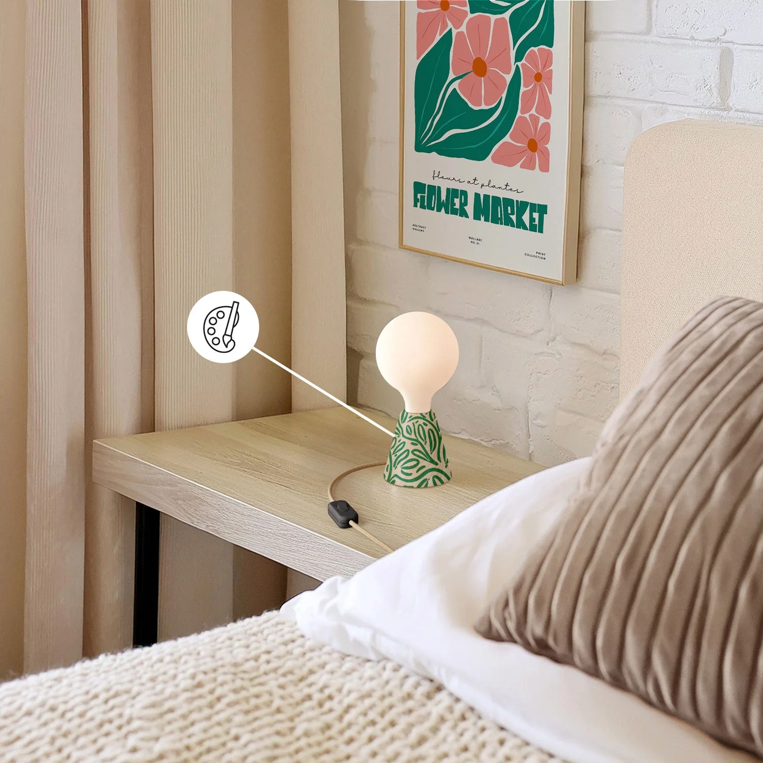 Table lamp with alder wood base, porcelain-effect light bulb, RN06 cable and EU plug - Image 3