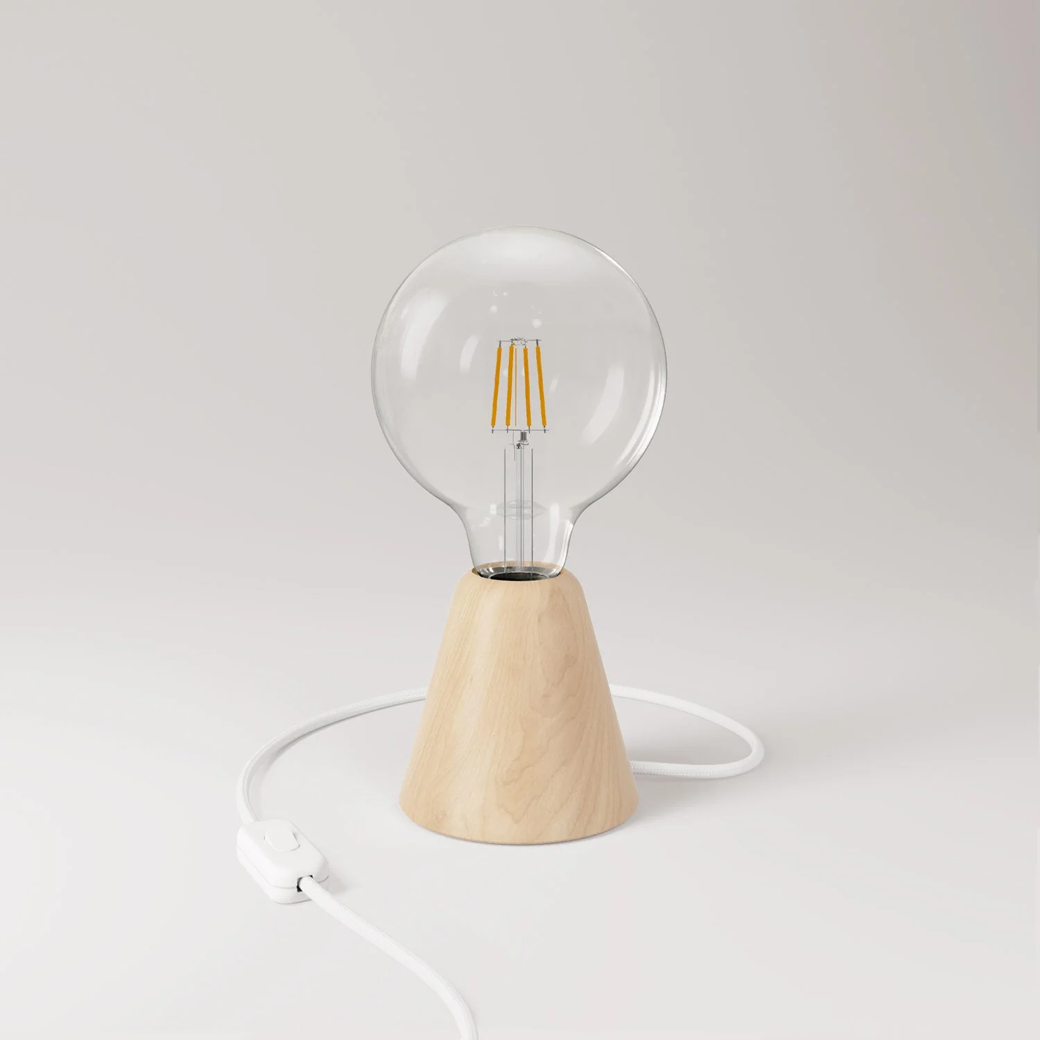 Table lamp with alder base, transparent light bulb, RM01 cable and UK plug