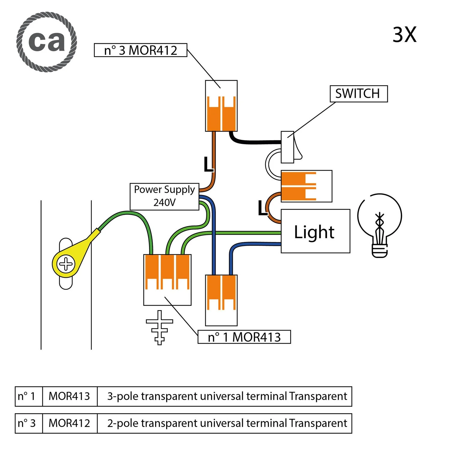 WAGO connection kit compatible with 3x cable for mini ceiling rose with 1 hole and switch - Image 2