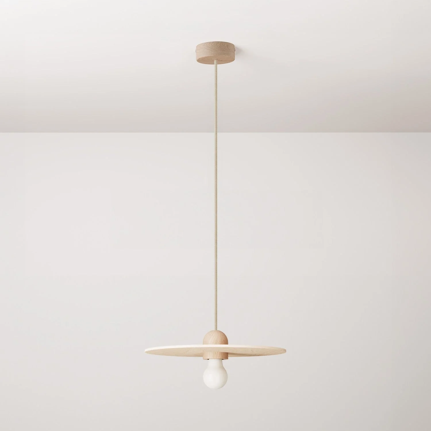 Wooden pendant lamp complete with textile cable and UFO lampshade – Neutral