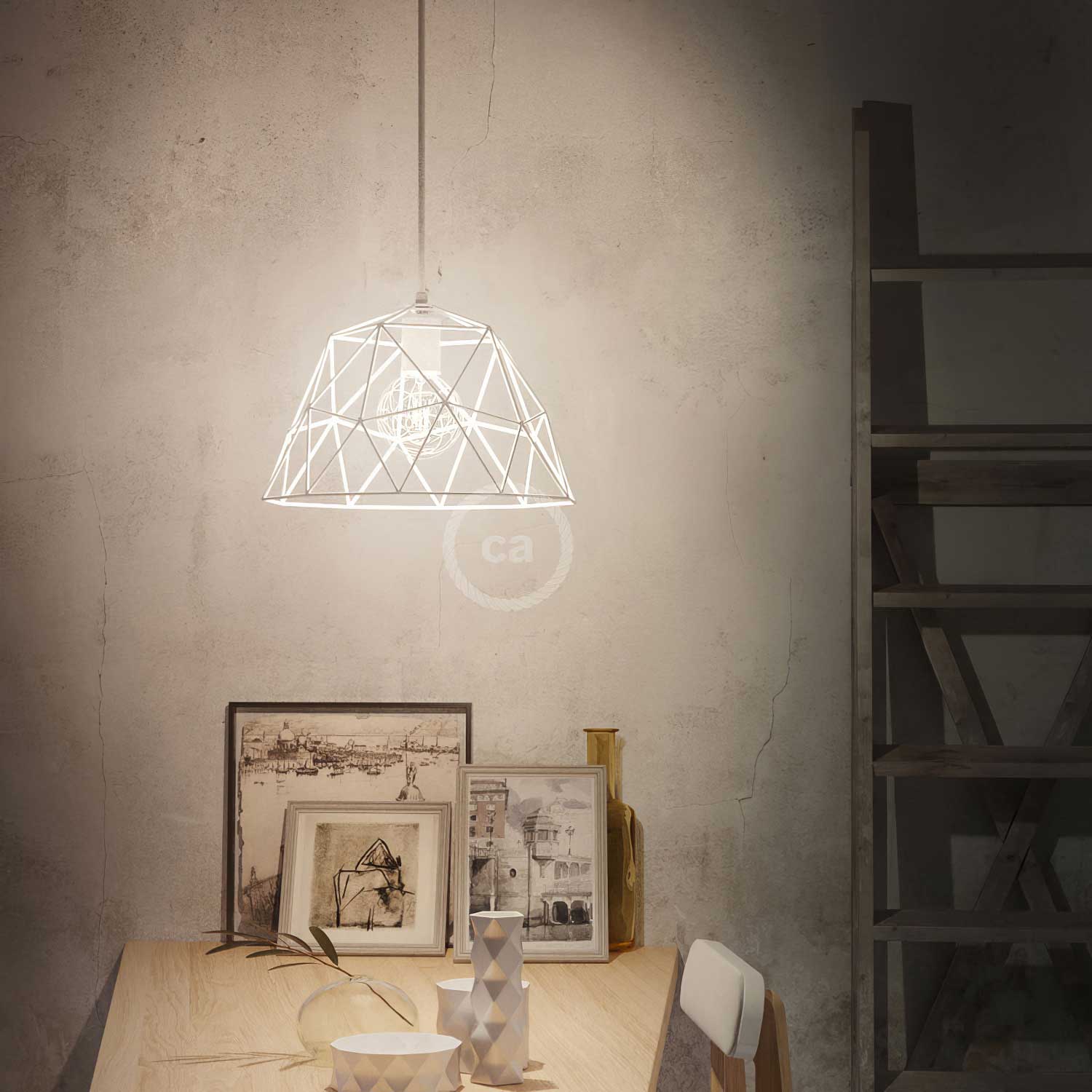 XL Dome lampshade cage in metal with E27 lamp holder - White - Image 2